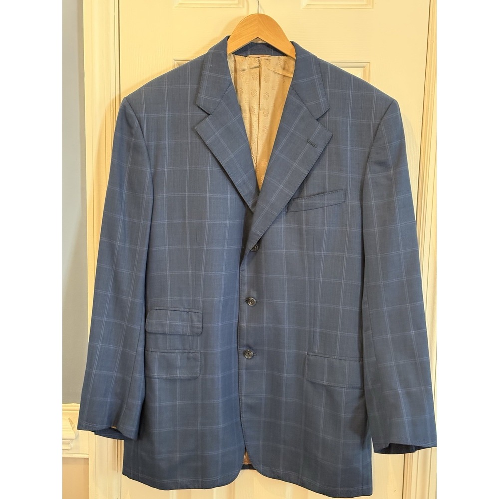 Loro Piana  Richard Bennett Custom Tailored Blue Windowpane Blazer Italy 46L Lux